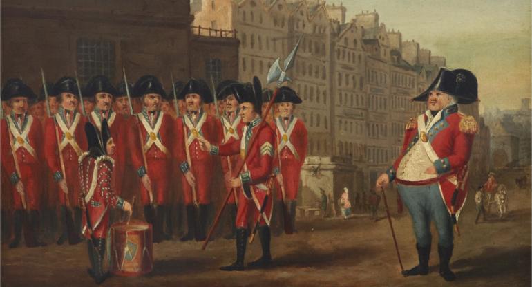 A painting of the city guard in their red uniforms, with a drum, standing in formation in the street