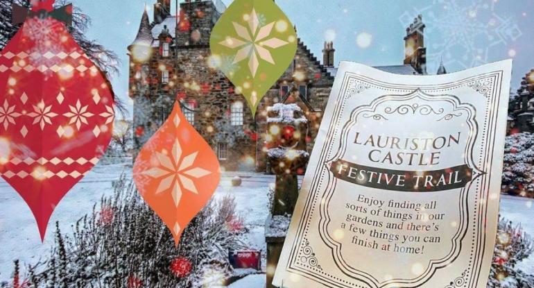 image of Lauriston Castle in the snow advertising Christmas trail