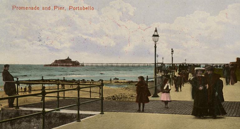 handcoloured postcard of Portobello Esplanade and Pier, early 1900s