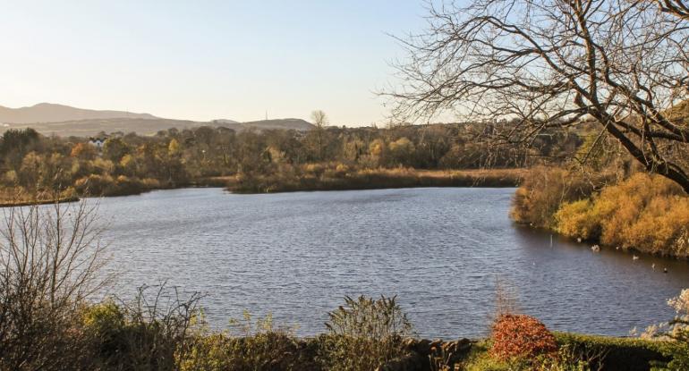 Writing for wellbeing A landscape photo of a stretch of water surrounded by autumnal trees and hills