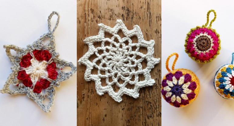 Crocheted Christmas tree baubles and a snowflake