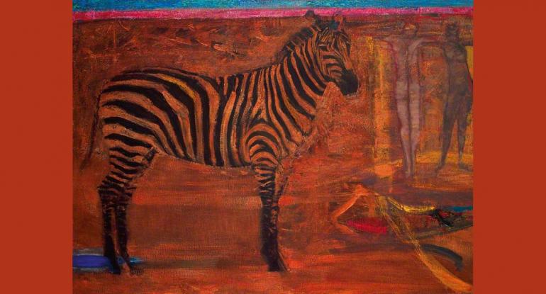 A painting of a zebra against an orange background