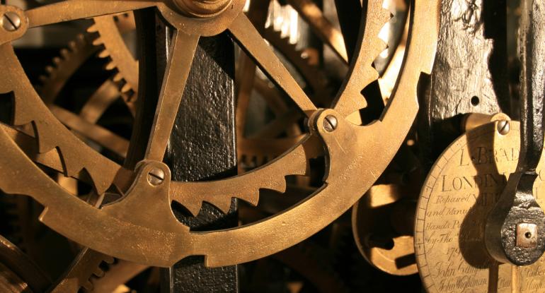 Detail of St Giles clock mechanism with cogs and winding handle