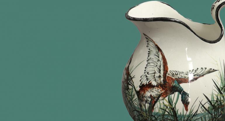 detail of a ceramic jug by Robert Heron pottery in Kirkcaldy with illustration of duck at Collections Centre