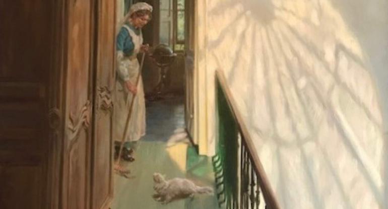 An Edwardian maid working in a sun-filled room where the window is reflecting an exquisite shape on the wall.