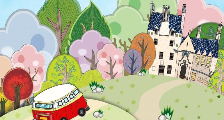 A stylised image of a campervan driving to Lauriston Castle with trees in the background