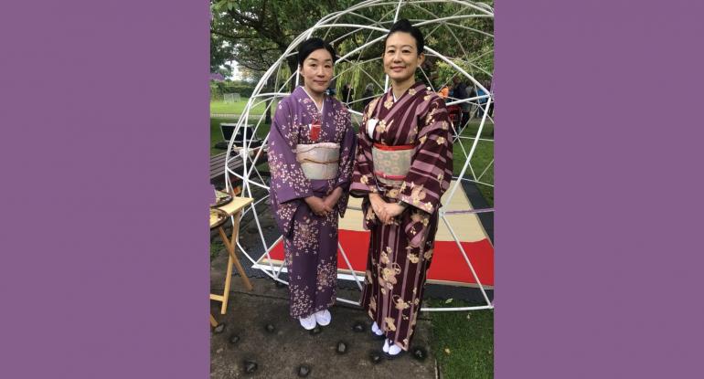 Two women dressed in traditional kimonos