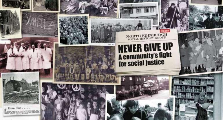 A collage of images of photographs of people with a newspaper headline 'Never Give Up - A Community's Fight for Social Justice'