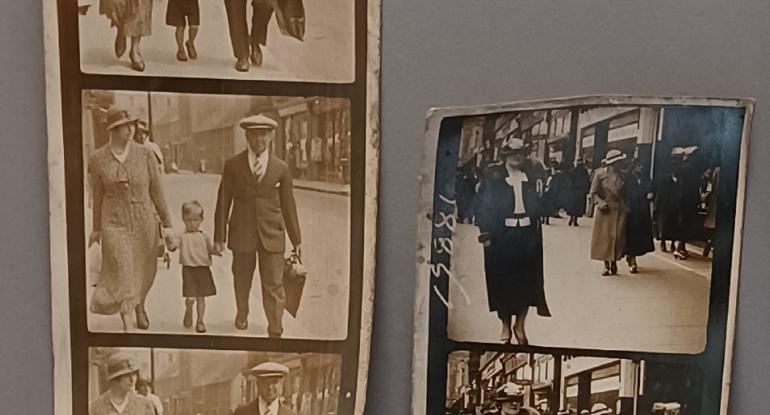 Strips of sepia photographs of passers by on the street in the 1930s