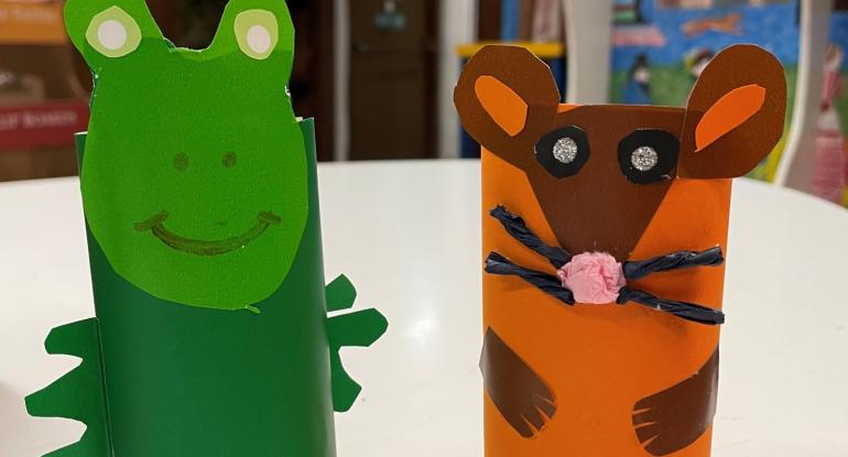 Two creatures made from craft materials and toilet rolls - a frog and a mouse