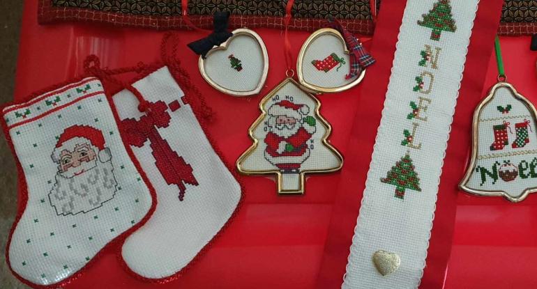 Christmas cross stitching Christmas stockings and tree decorations