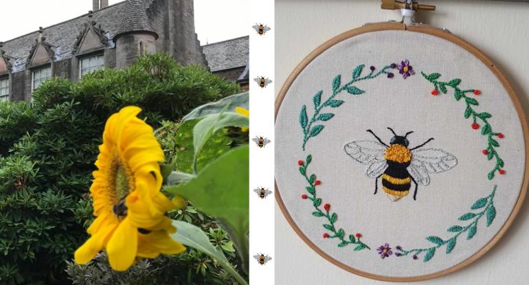A bee in a Lauriston Castle sunflower, and an embroidered bee
