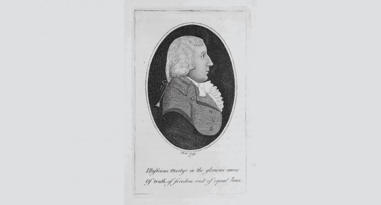 A side on, black and white, head and shoulders portrait of Thomas Muir
