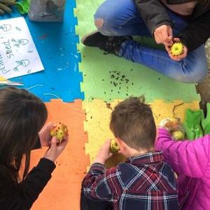 Children on brightly coloured mats making bird feeders with apples and seeds