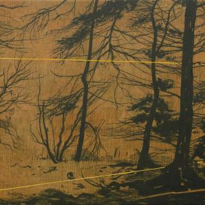 Yellow and black landscape drawing of a forest with neon yellow line through the image.