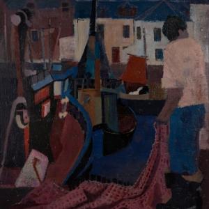 Painting by Scottish artist Donald Smith. Fisherman at work with fishing net beside fishing boat