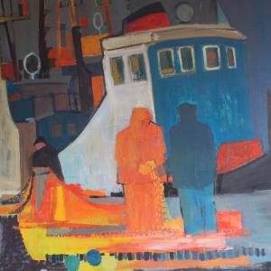 Painting by Scottish artist Donald Smith of a wheelhouse in blue, red, white and orange. Two spectators feature.