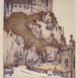 Mabel Royds, Edinburgh Castle, early 20th century, coloured woodcut on paper