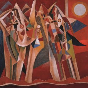 Bright red painting with a sun and futuristic angels