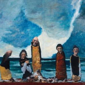 Three figures in front of the sea and a moody black sky