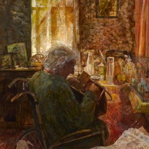 An elderly lady knitting inside a dark cottage interior