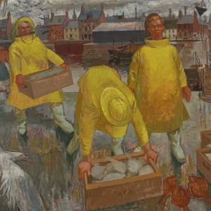 Three fishermen wearing bright yellow coats