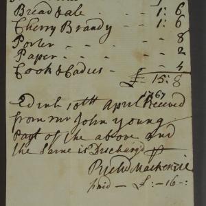 Tavern bill listing cherry brandy and cadies from 1767