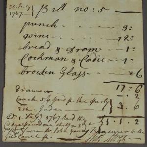 Tavern bill from 1767 including broken glasses