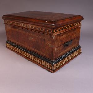 A ornate wooden box with a handle at either end. The lid removed to become a cabinet card viewer.