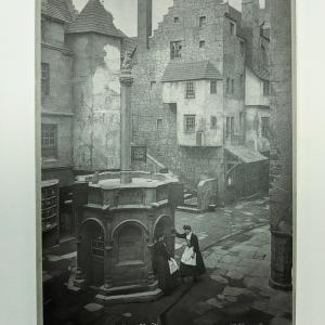 A cabinet card photograph showing a scene from the Old Edinburgh Exhibition in 1886