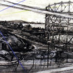 Black and white etching in pastels. Granton Gas tower to the right of picture