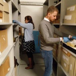Gabriella and Oliver working in the stores of the Museum Collections Centre © City of Edinburgh Council Museums & Galleries; Museum Collections Centre