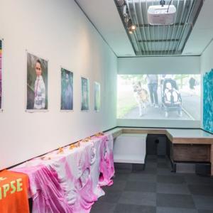 Gallery interior. 5 separate portraits of people with a leafy background. Colourful material draped around the gallery. A photograph of an Alsatian on a lead, a man, and a baby in a buggy in projected onto the back wall of the gallery 