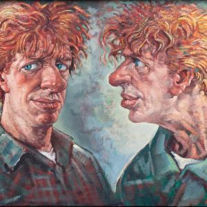 A painting of two faces that are the same. One looking straight ahead the other from the side